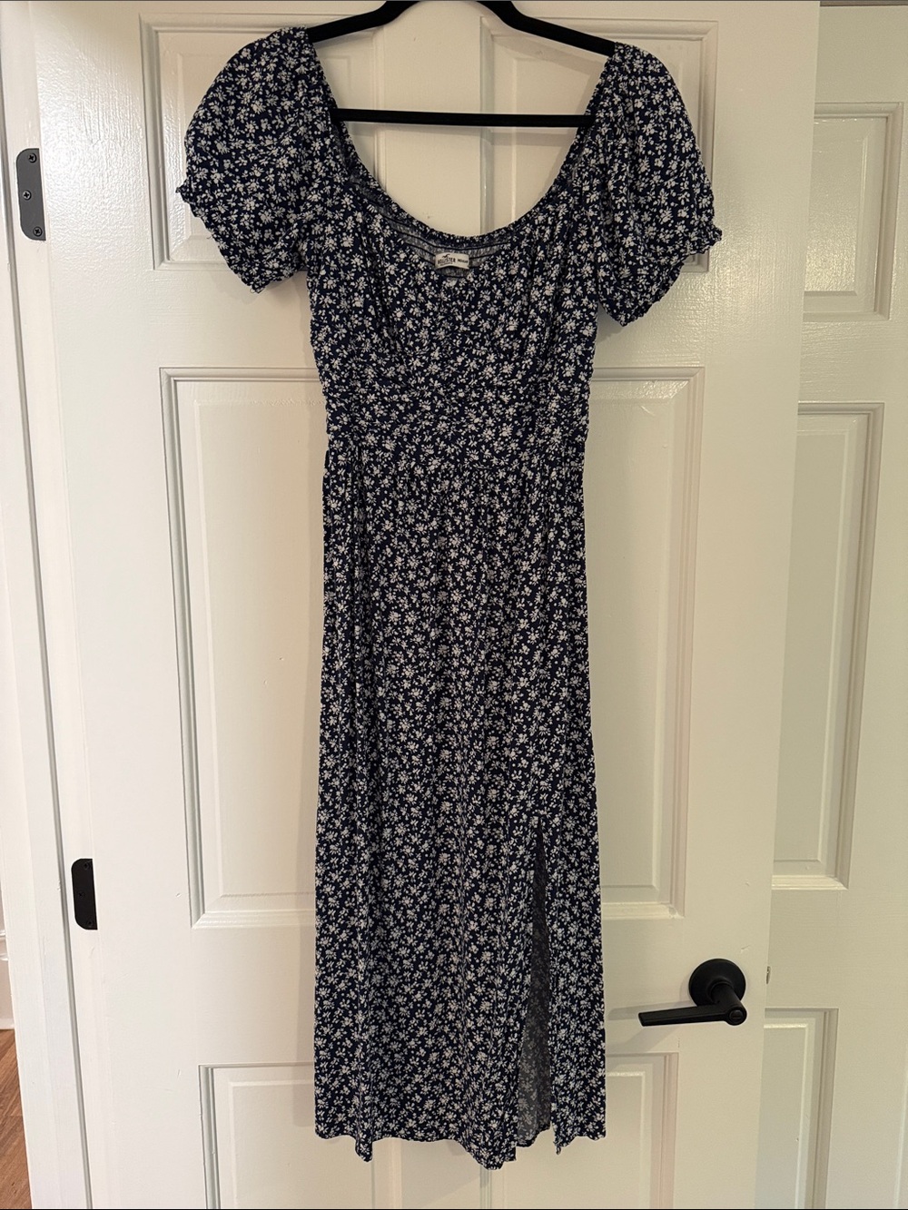 Hollister Navy Floral Midi Dress with Puff Sleeves